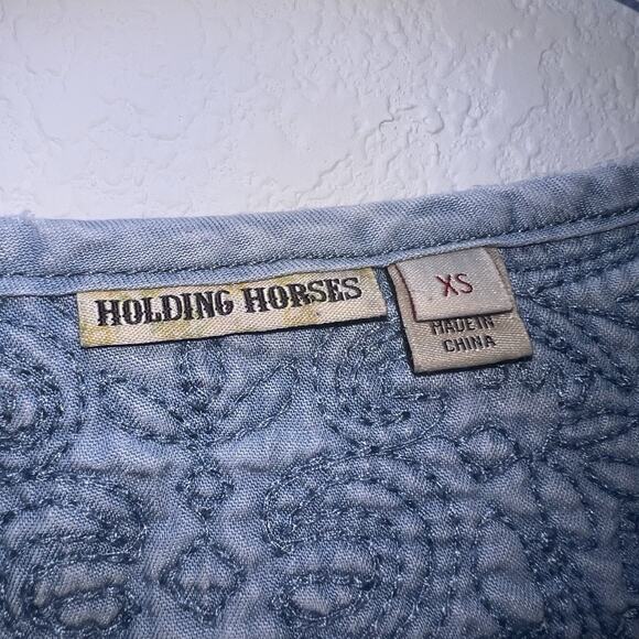 Anthropologie Holding Horses Dress Size XS Blue Chambray Plumage Embroidery READ - Picture 13 of 14
